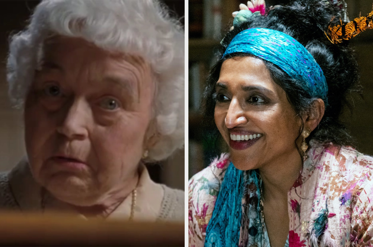 1996 Phelps played by an older white actor with short grey hair and 2022 Phelps played by an Indian actor wearing a scarf headband over a long black hair