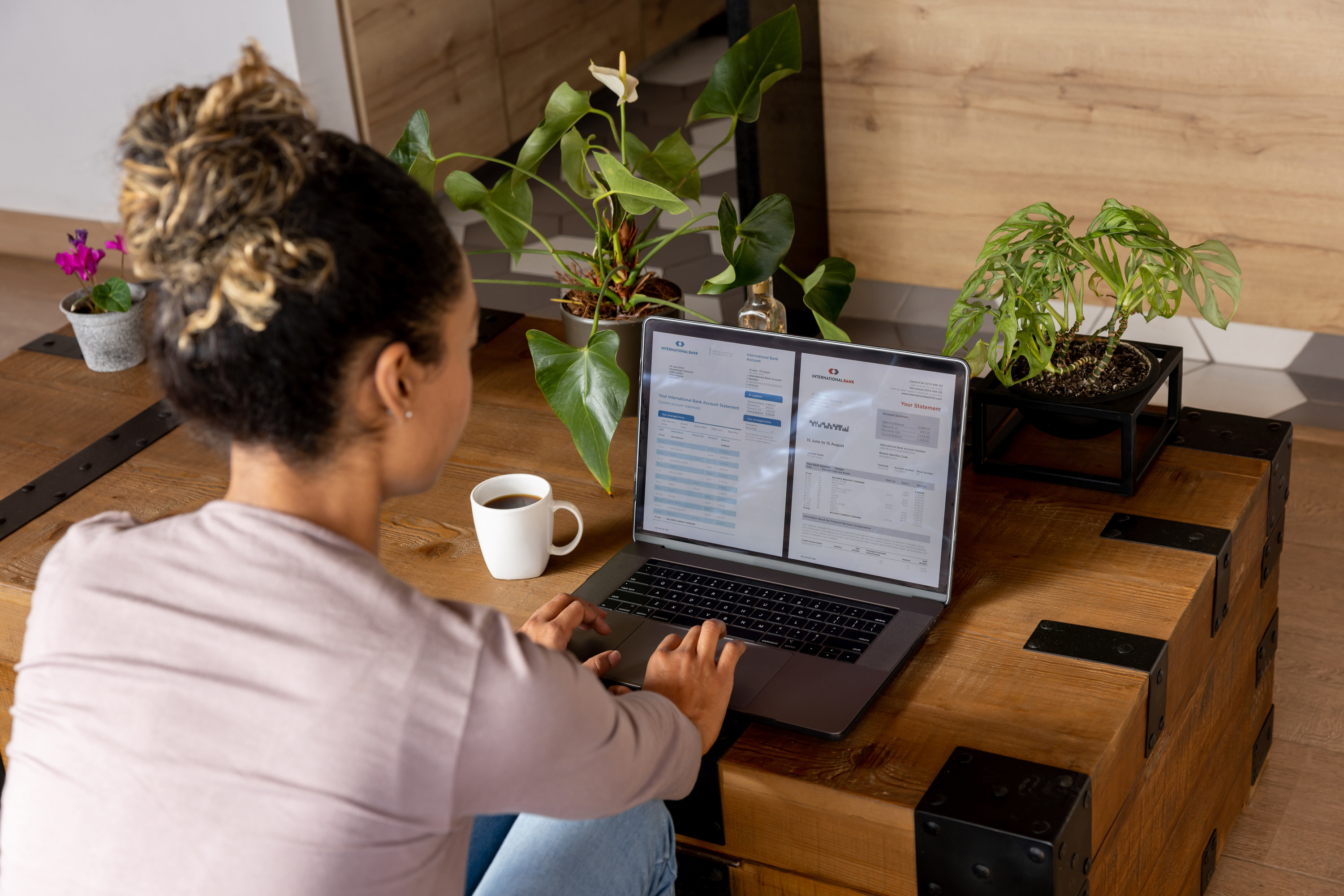 a woman looking at a split screen