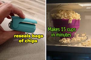 A reviewer holding a bag sealer/A popcorn maker in the microwave filled with popcorn