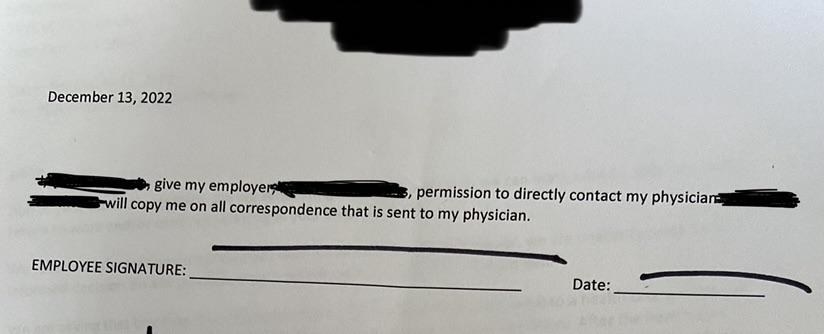 A contract asking the employee to give their employer permission to contact their physician.
