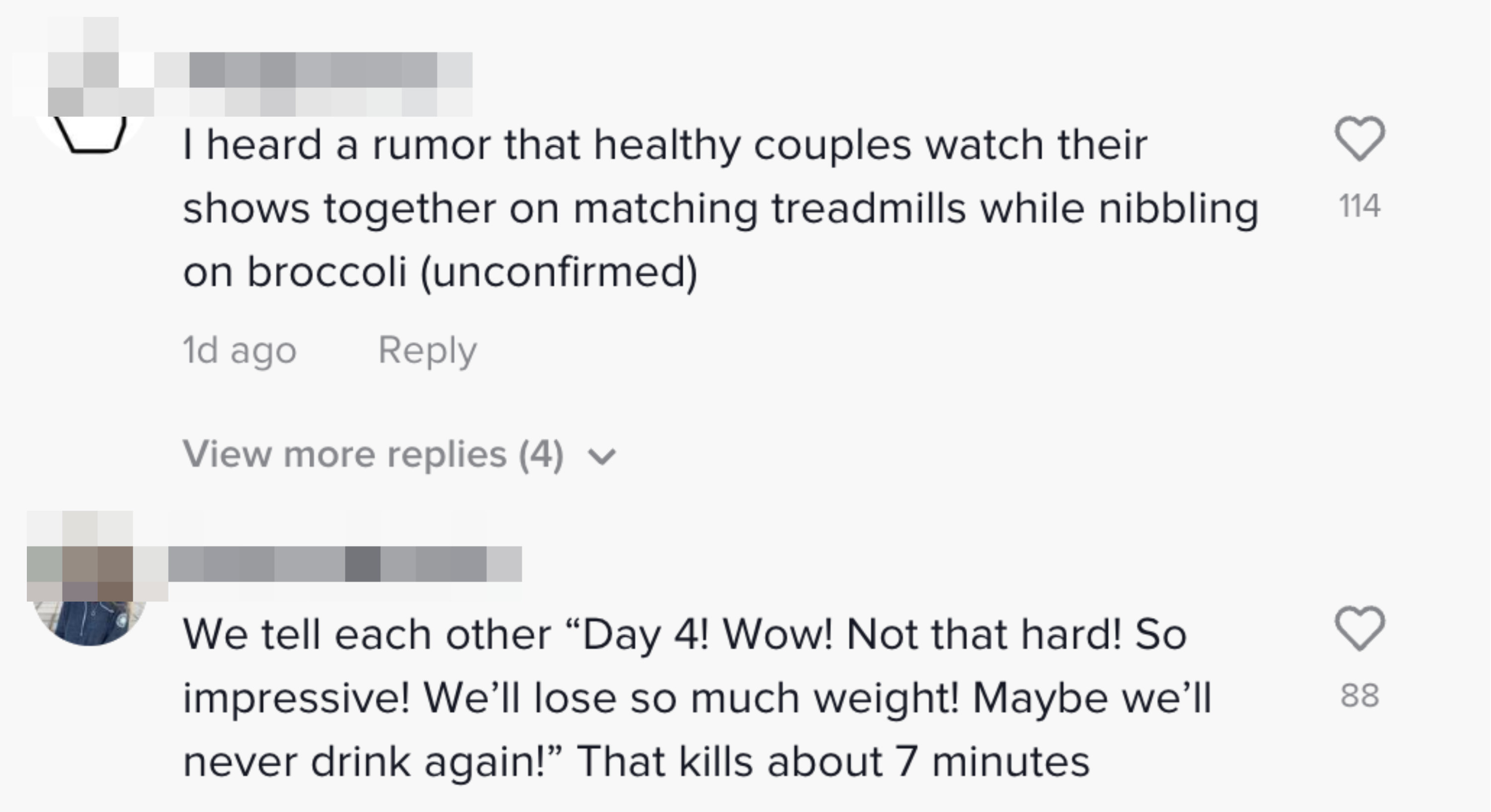 One said &quot;I heard a rumour that healthy couples watch their shows together on matching treadmills while nibbling on broccoli (unconfirmed)