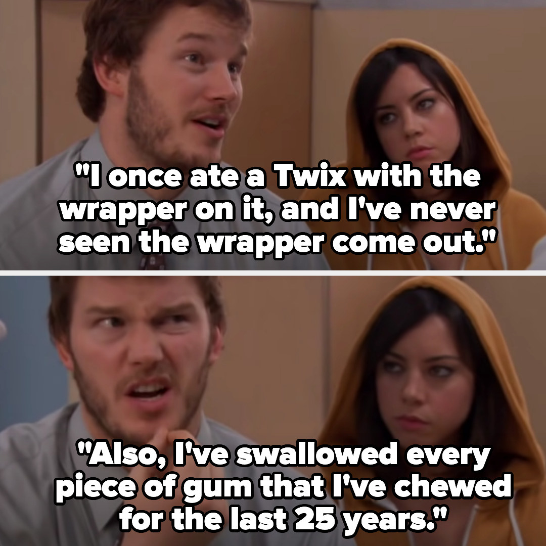 andy saying he once at a twix with the wrapper and he&#x27;s never seen the wrapper come out