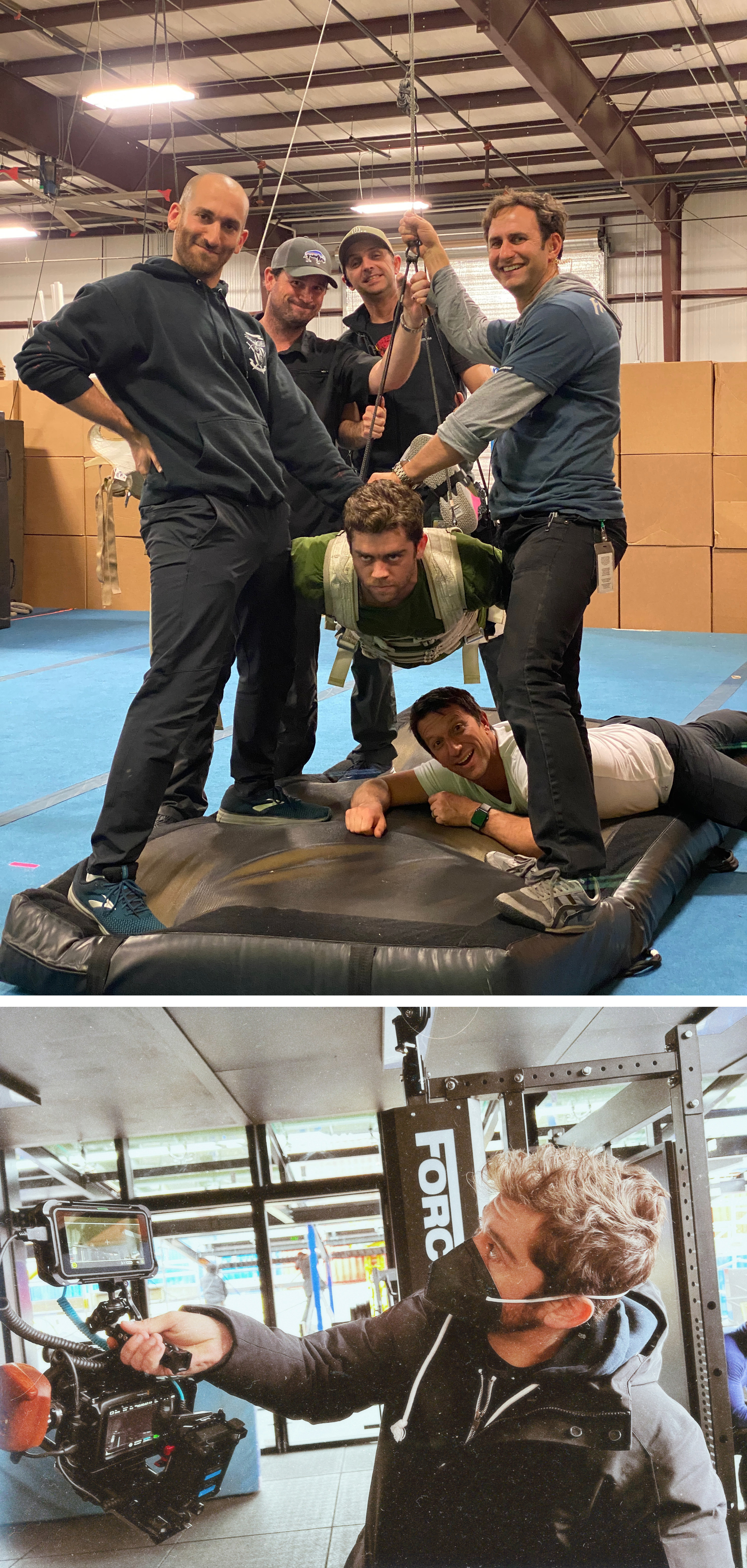 (top) dustin hanging from a harness rig with stunt crew (bottom) dustin filming a previs