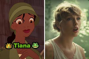 On the left, Tiana from The Princess and the Frog, and on the right, Taylor Swift in the Cardigan music video