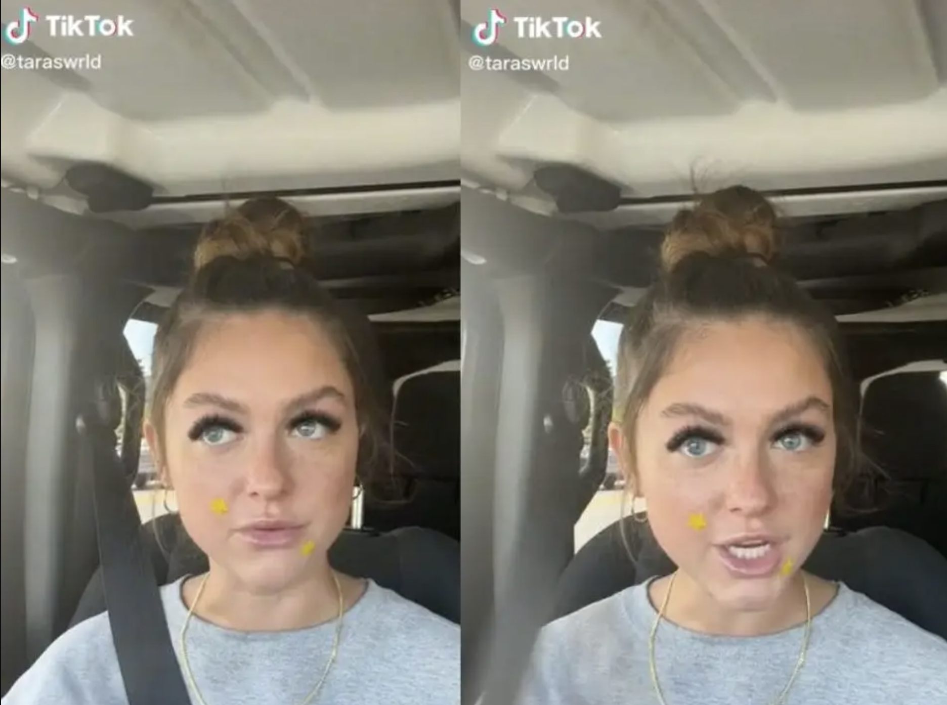 Screenshots from a TikTok of Tara Lynn, a young white girl, sitting in a car talking to the camera