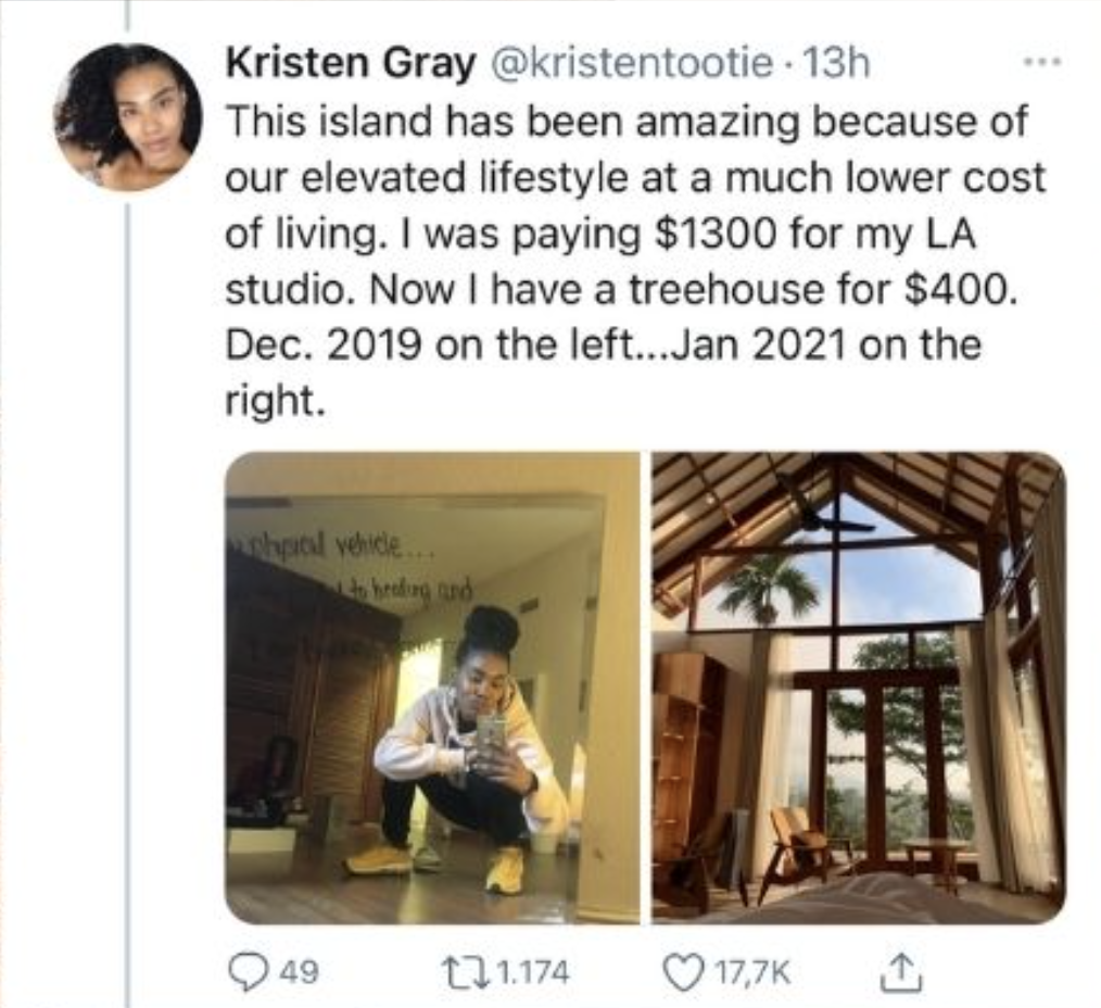 A screenshot of a tweet by Kristen Gray comparing her $1300 LA studio and $400 Bali treehouse