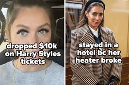 Two influencers side by side with different captions: 'dropped $10k on Harry Styles tickets' and 'stayed in a hotel bc her heater broke'