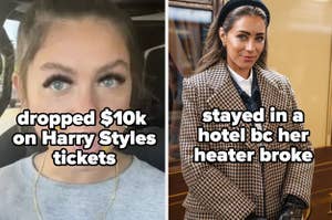 Two influencers side by side with different captions: 'dropped $10k on Harry Styles tickets' and 'stayed in a hotel bc her heater broke'