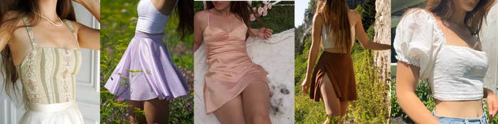 5 images, 1. green tight vintage tank top 2. soft light purple flowy miniskirt 3. pink slip dress 4. brown loose mini skirt with a slit 5. white crop top with puff sleeves. 