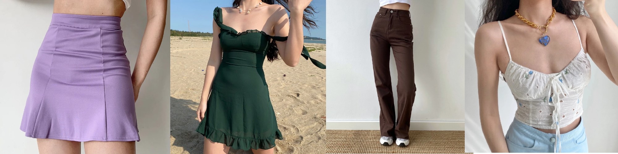 4 images 1. purple highwaisted mini skirt 2. emerald green mini dress 3. brown high waist pants 4. white and blue floral spaghetti strap button up camisole. 