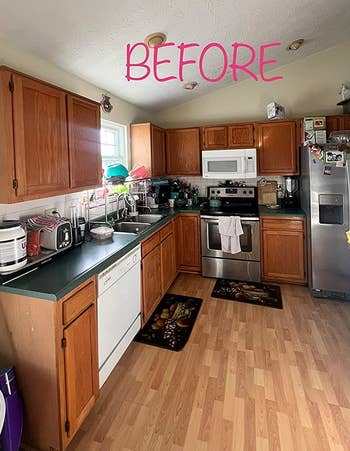 reviewer's kitchen with dated wooden cabinets