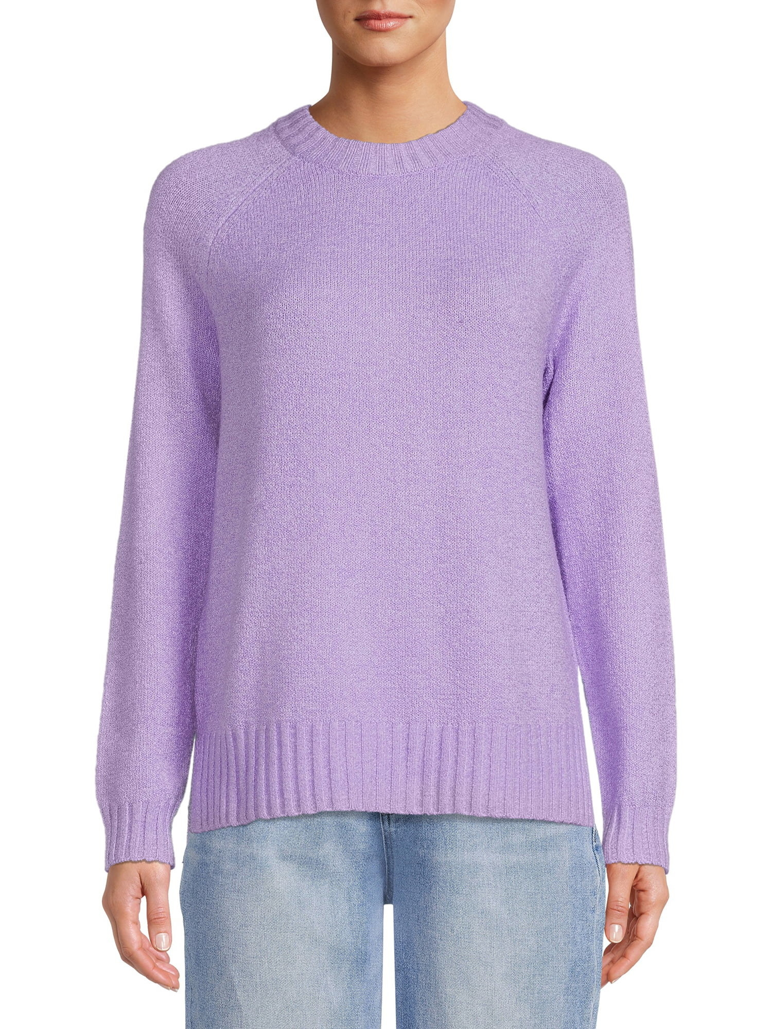 Model wearing the island purple sweater