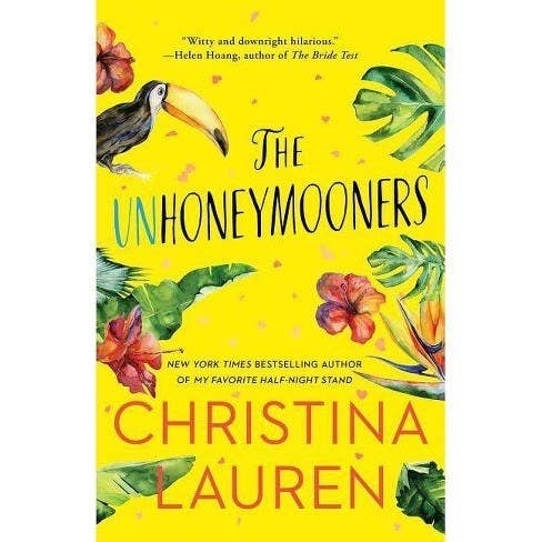 cover for "the unhoneymooners" which includes drawings of a toucan, palm leaves, and hibiscus