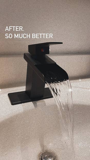reviewer after image of their newly installed matte black waterfall faucet