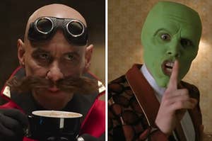 左边是吉姆·卡里（Jim Carrey）饰演Robotnik医生，右边是他的面具