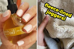 reviewer holding a bottle of cuticle oil; reviewer holding a pair of fleece-lined leggings