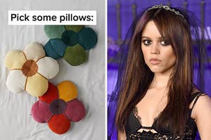 flowers pillows on the left and jenna ortega on the right