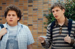 Jonah Hill and Michael Cera as Seth and Evan in Superbad