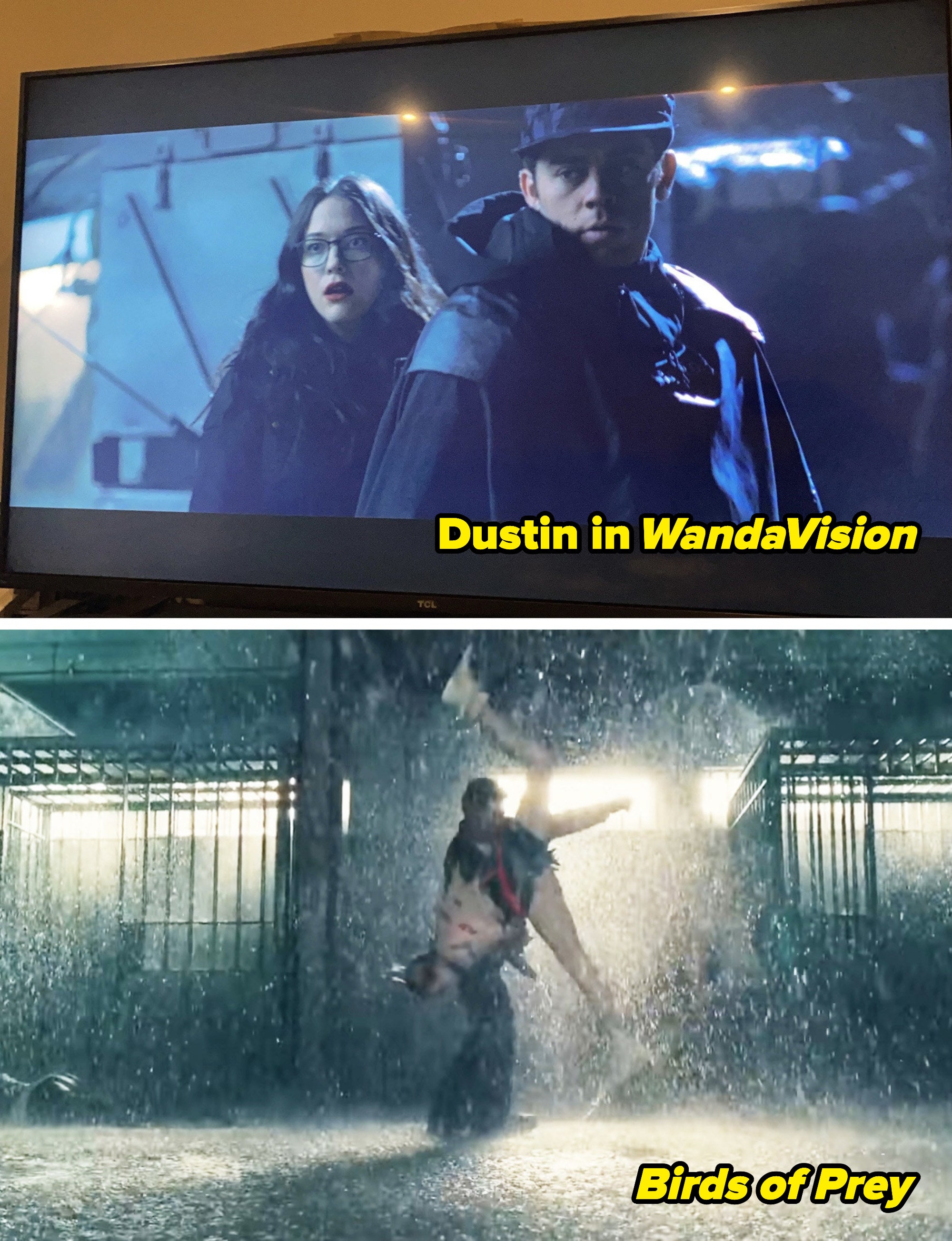 (top) kat dennings and stuntman dustin in &quot;wandavisison&quot; (bottom) &quot;birds of prey&quot; stunt scene