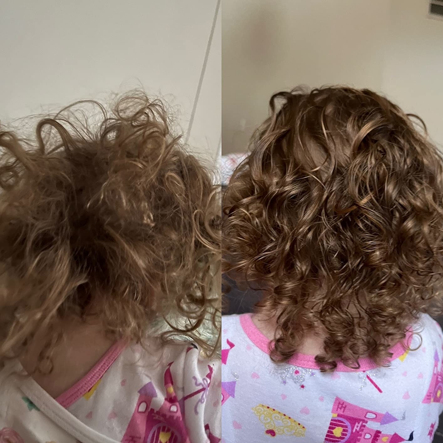 Reviewer&#x27;s showing their child&#x27;s curly hair before using the spray and after showing glossy curls with the spray