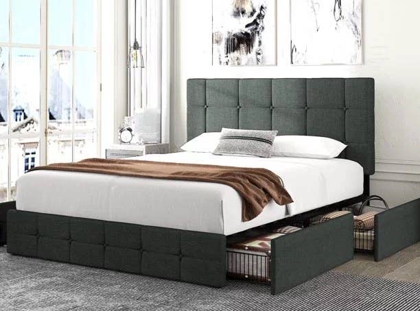 dark gray platform bed with drawers underneath
