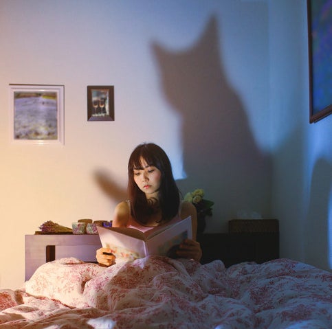 A woman reading in bed with a cat shadow on the wall behind her