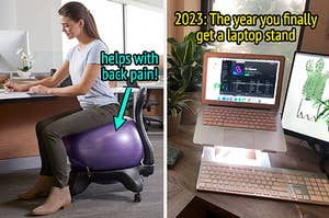 坐在紫色锻炼椅子上的模型 /看台上的笔记本电脑