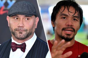 Dave Bautista wears a white shirt under a black vest with blue pinstripes and a red bowtie with a navy blue cap. Manny Pacquiao wears a red Nike T-shirt with blue and white designs.