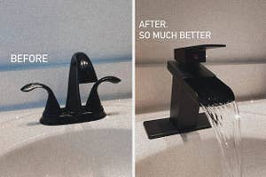 before and after pictures of an outdated faucet being replaced with a waterfall faucet