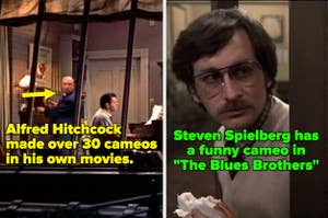 Alfred Hitchcock as a man in an apartment, and steven spielberg as an office clerk, eating a sandwich