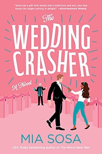 cover for &quot;The Wedding Crasher&quot; which is a drawn man being pulled by his tie by a drawn woman, while standing in a church. a priest stands at the end of the aisles of pews, arms shrugging