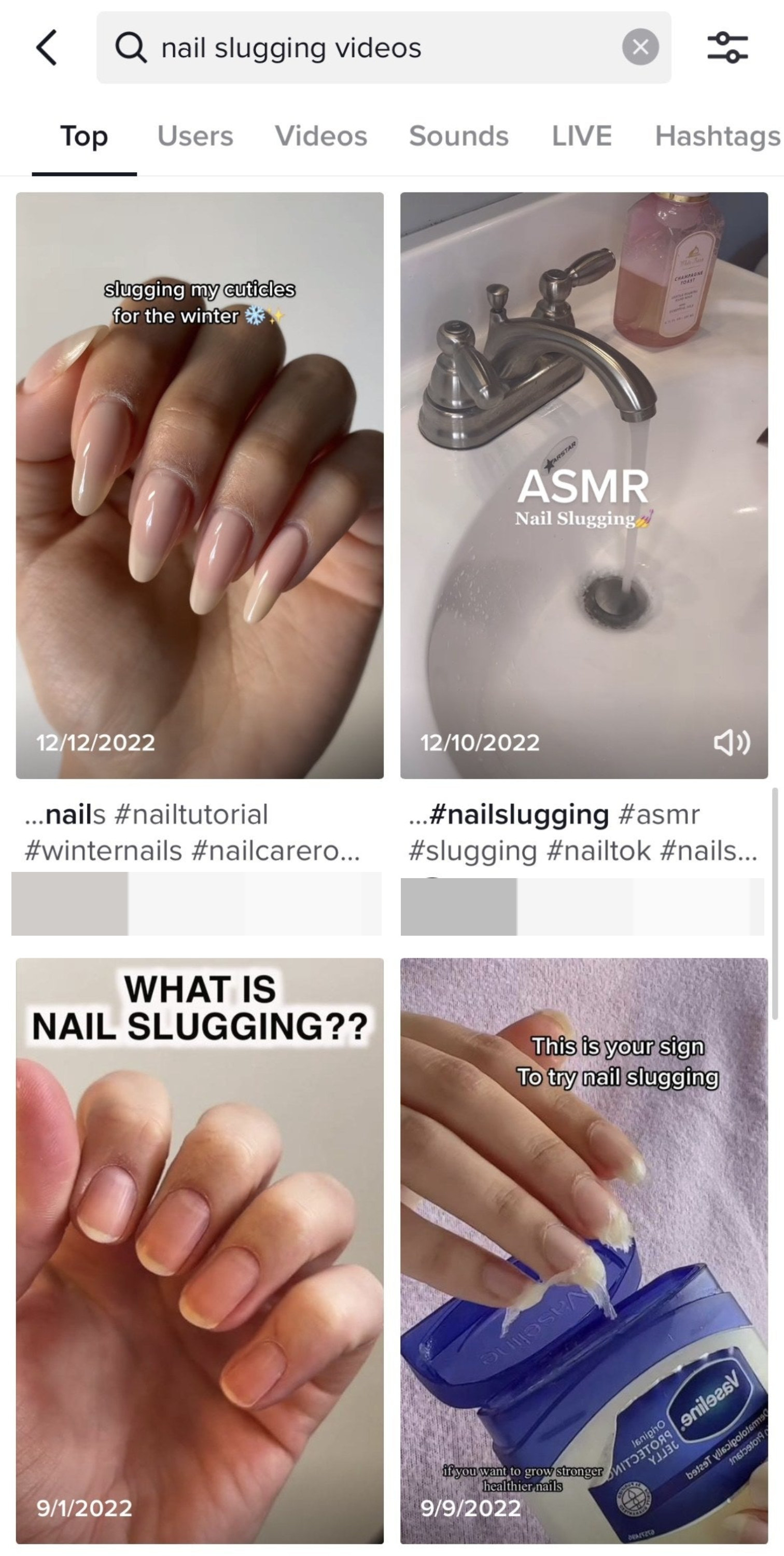 a screenshot of a tiktok page showing different nail slugging videos