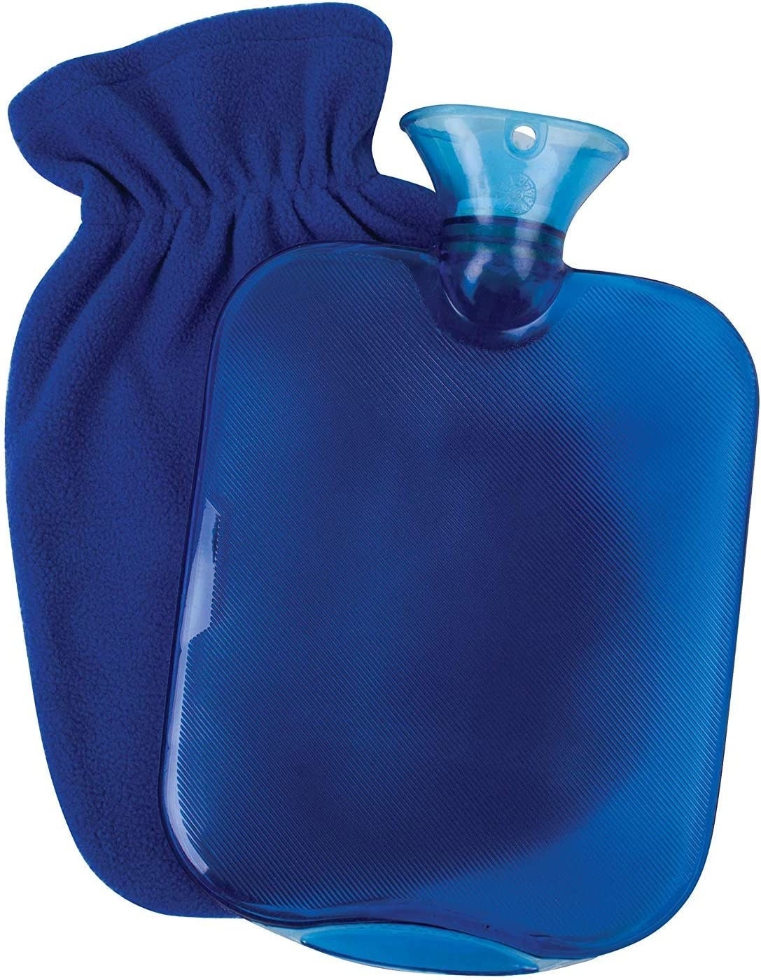 a hot water bottle and its fleece cover against a blank background