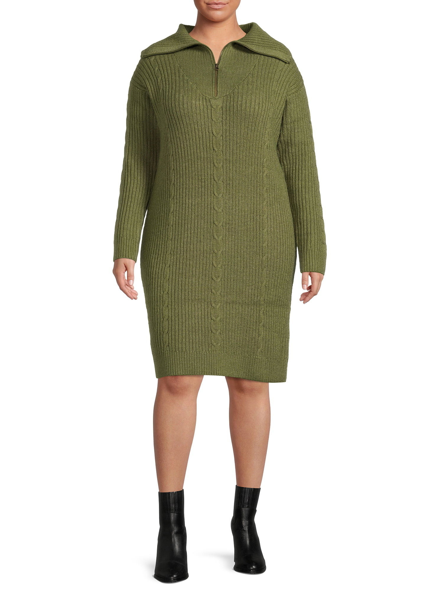 Model wearing green sweater quarter-zip dress