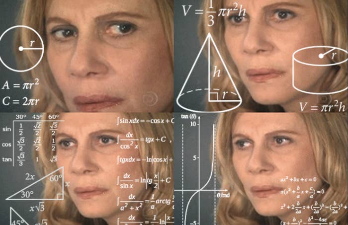 Meme of woman calculating equations in her head