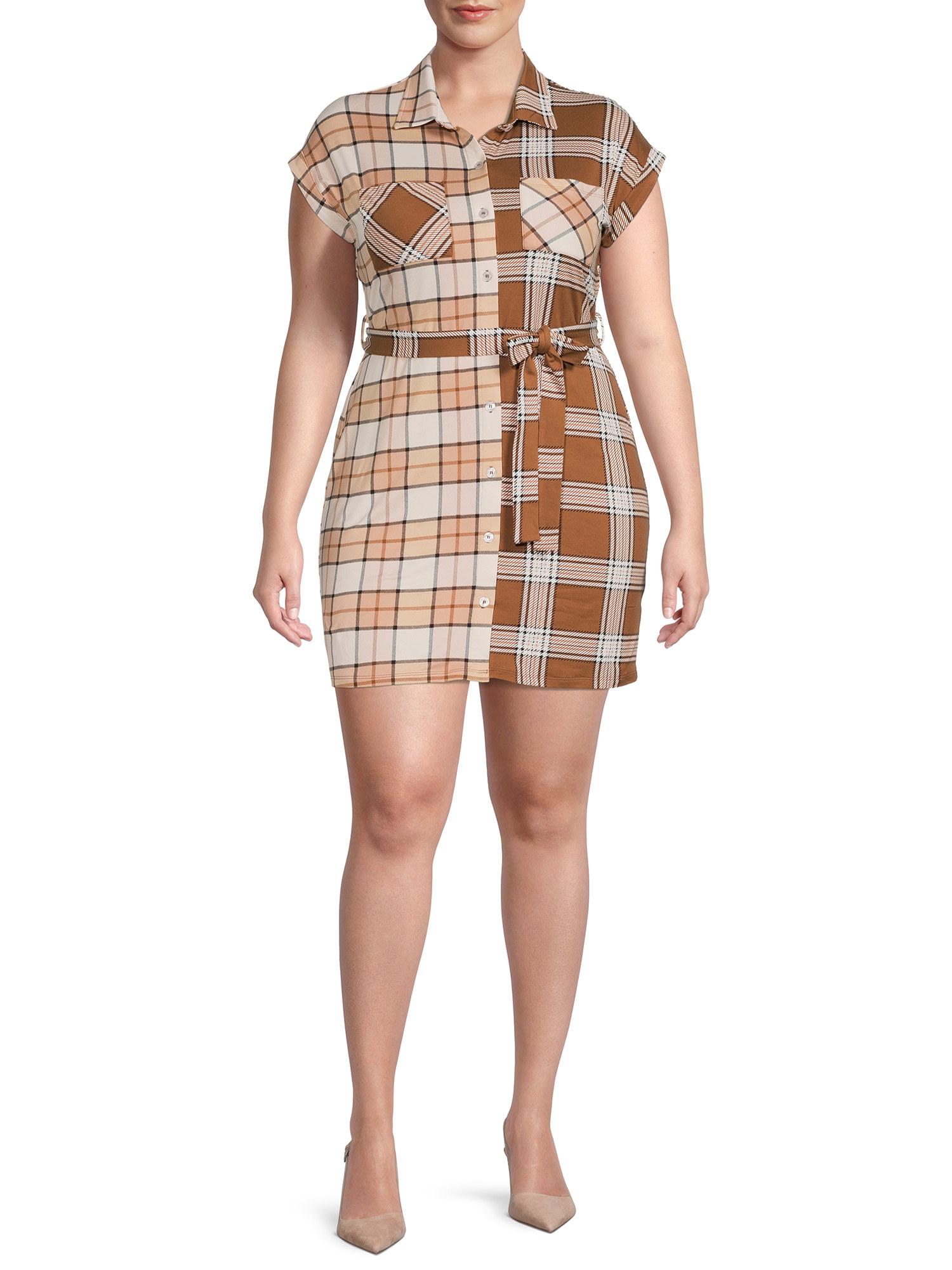 Model wearing two-toned brown plaid button down mini dress with tie waist