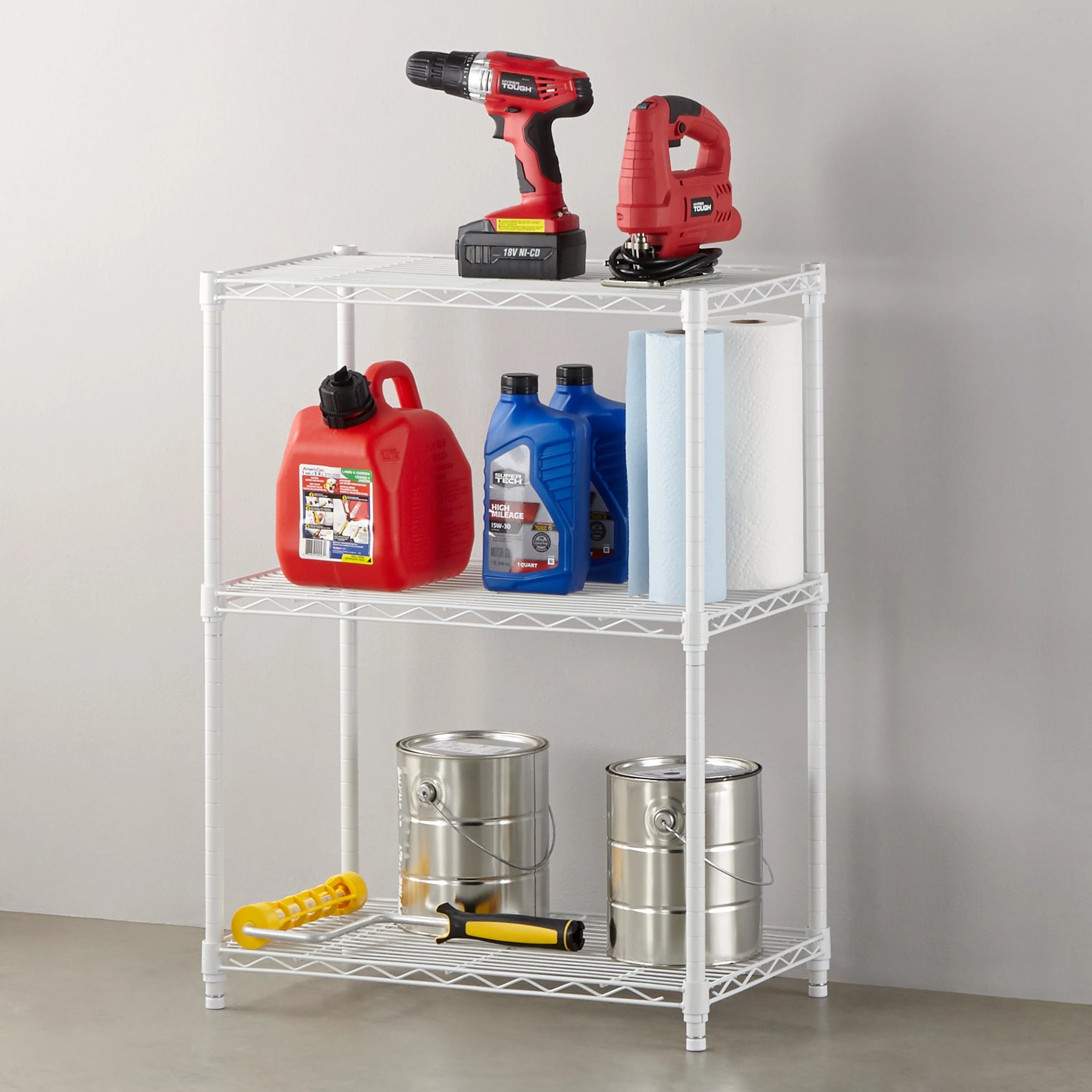 the white wire shelf with tools and cleaning supplies on it