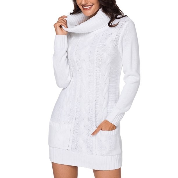 Model wearing white turtleneck sweater dress