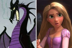 an animated dragon next to disney's animated rapunzel