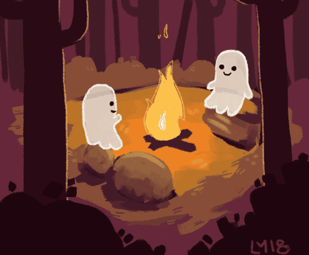 Cartoon ghosts by a fire