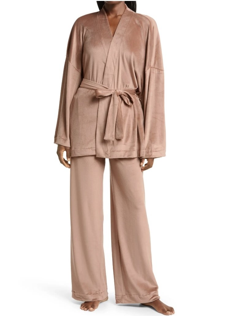 A brown velour robe and pajama pants set
