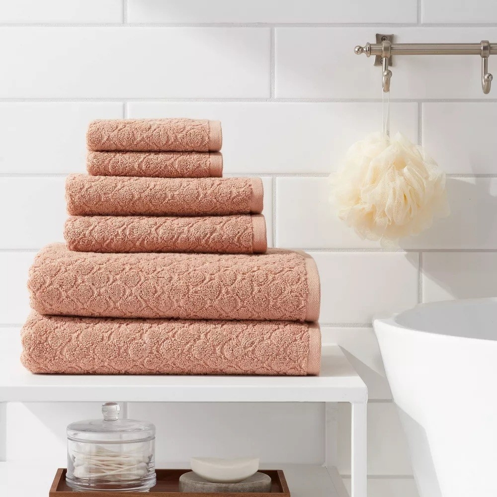 The six-piece towel set in a bathroom