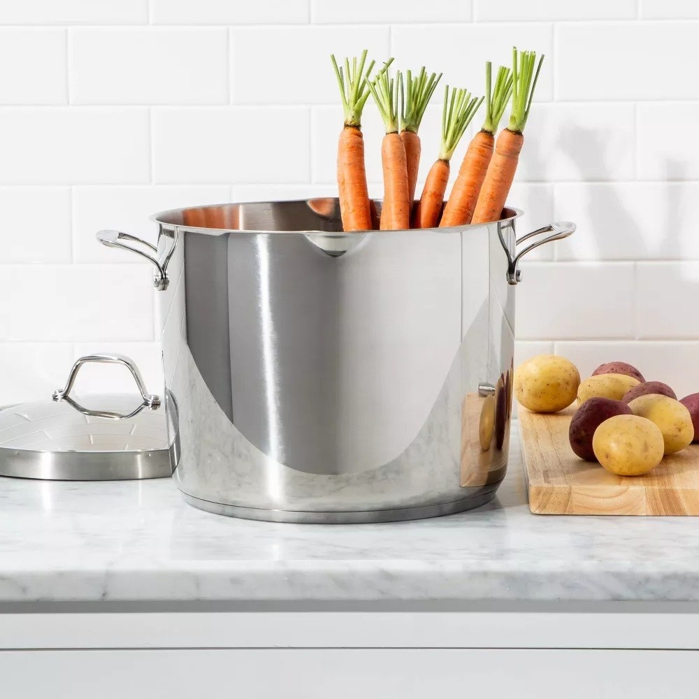 The stainless steel pot on a kitchen counter
