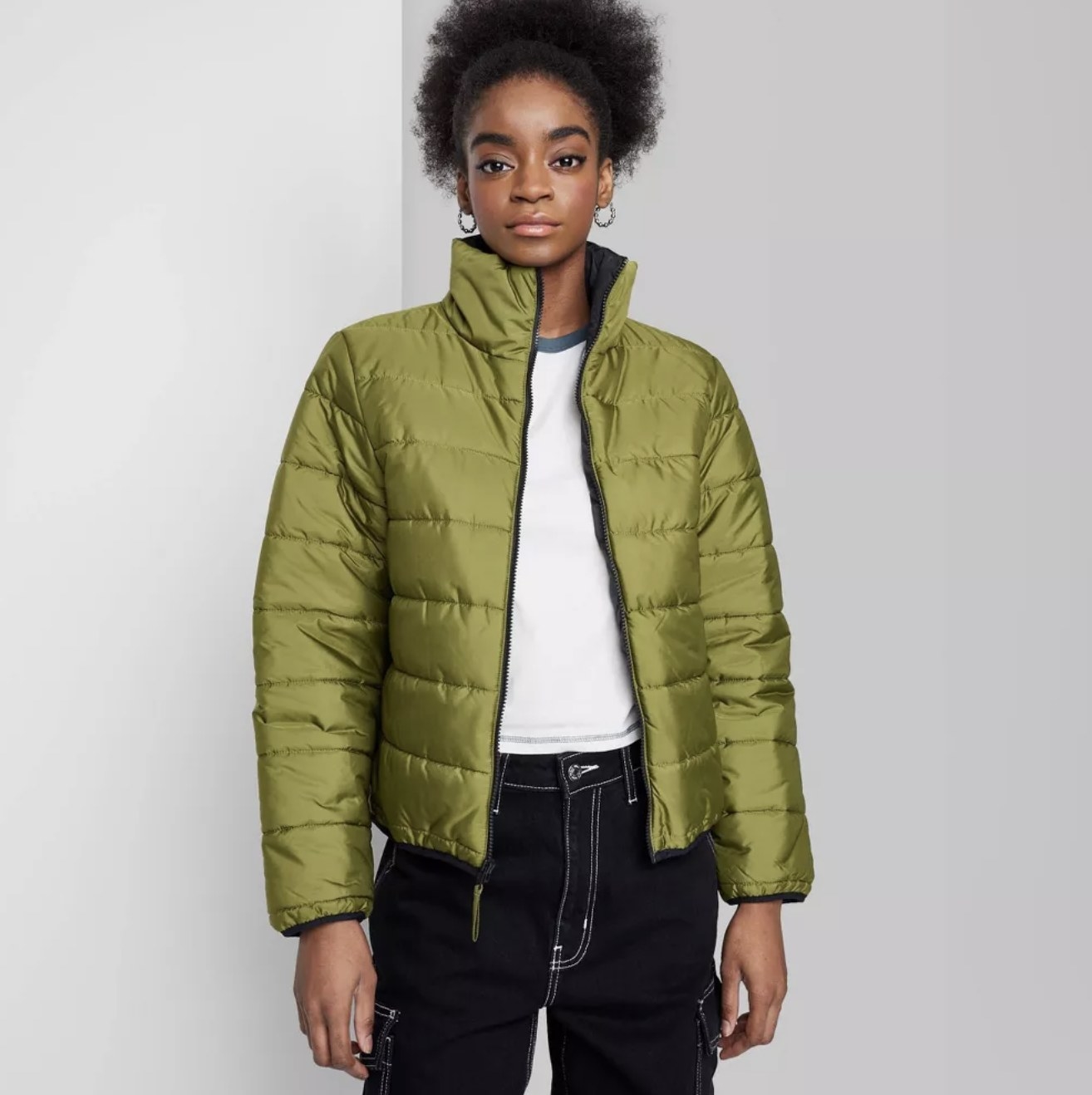 the jacket in an olive green