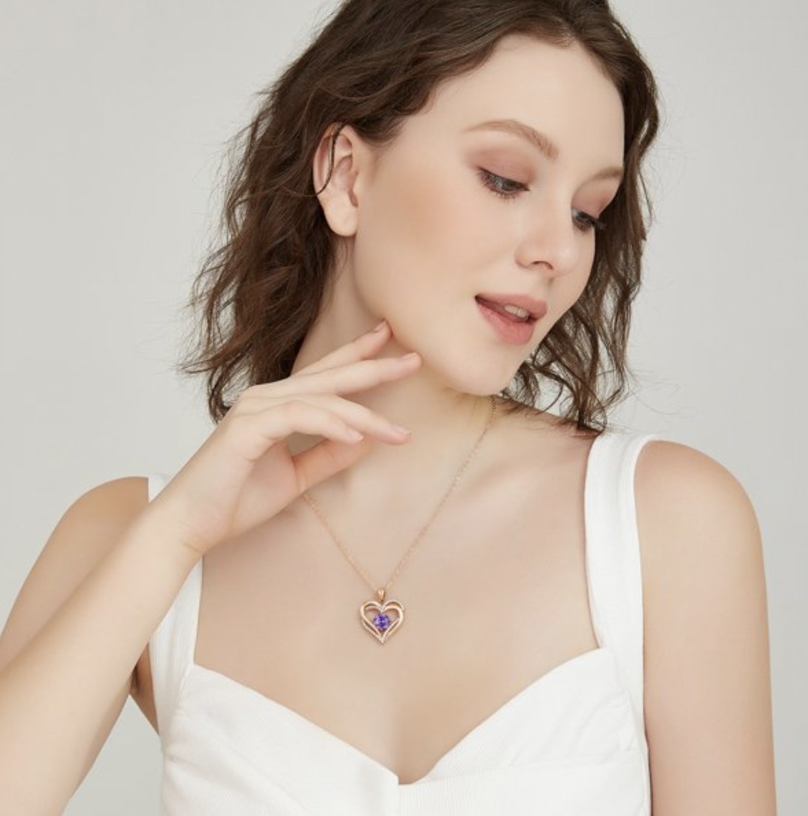 Model with the purple amethyst necklace on