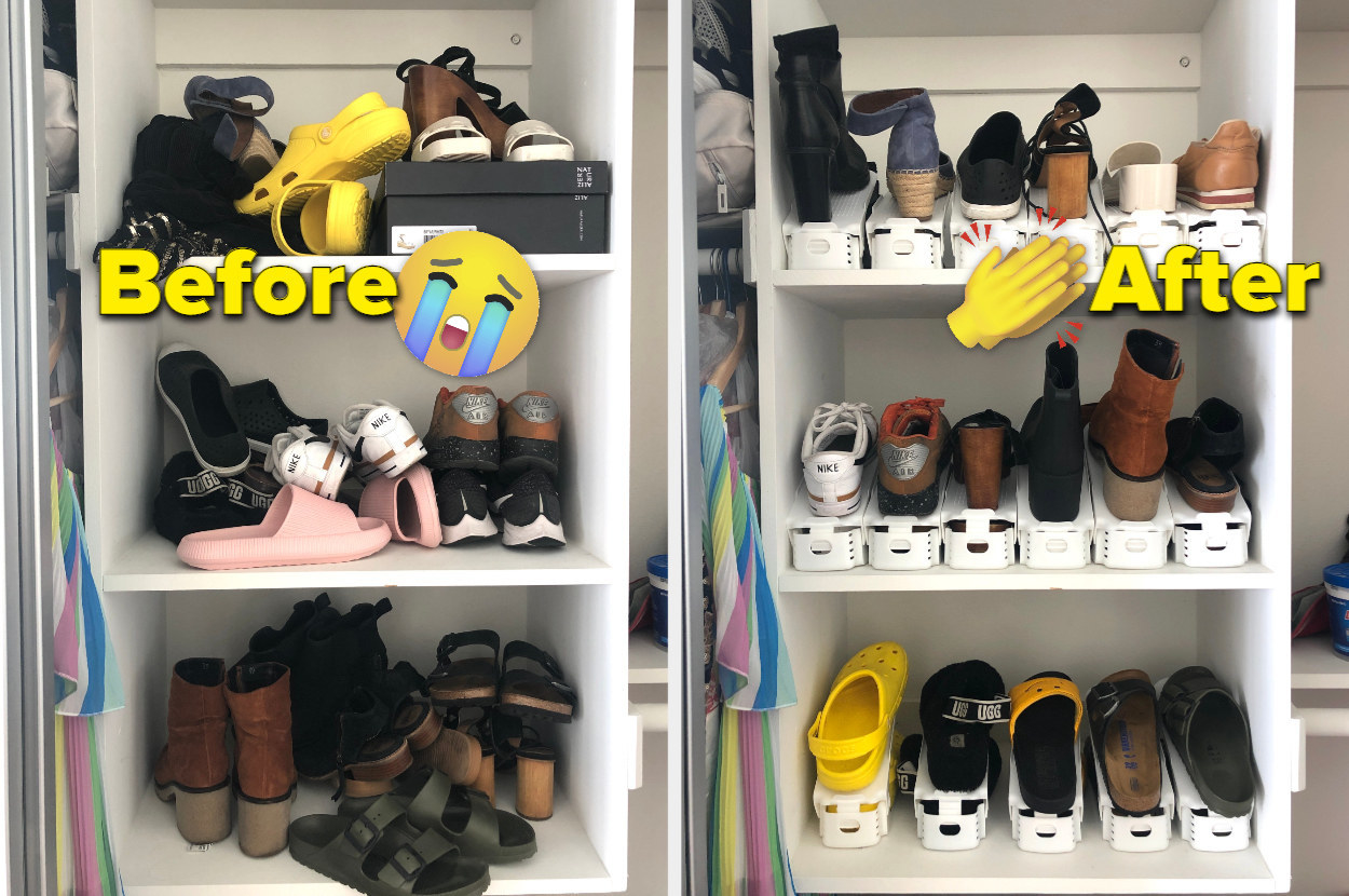 BuzzFeed Editor&#x27;s shoe shelf before, with piles of shoes, and after, where each left shoe is neatly sitting on top of a white shoe doubler, and each right shoe is sitting underneath