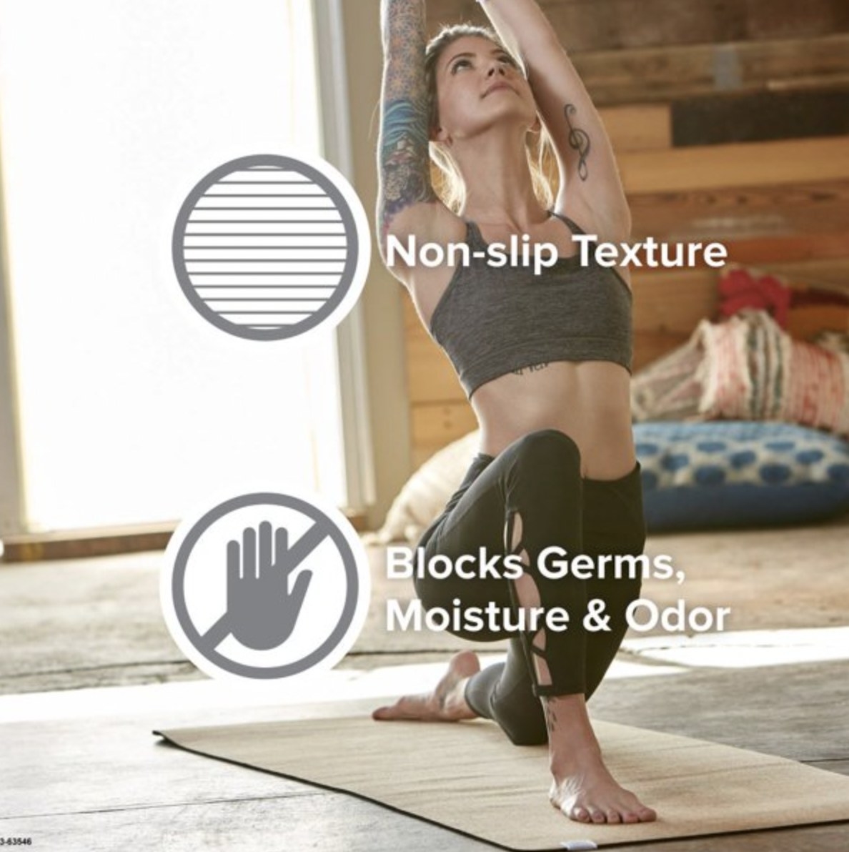 Model stretching in low lunge on cork mat with text detailing its non-slip texture and ability to block germs, moisture &amp;amp; odor