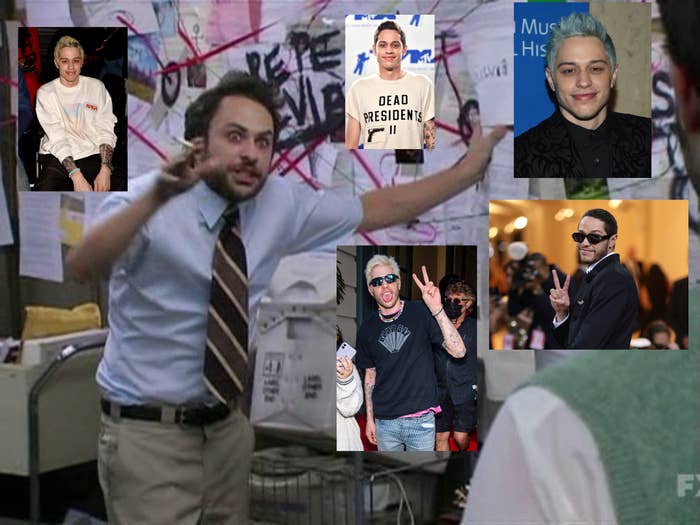 A man frantically gesturing as he stands in front of a board filled with Pete Davidson photos
