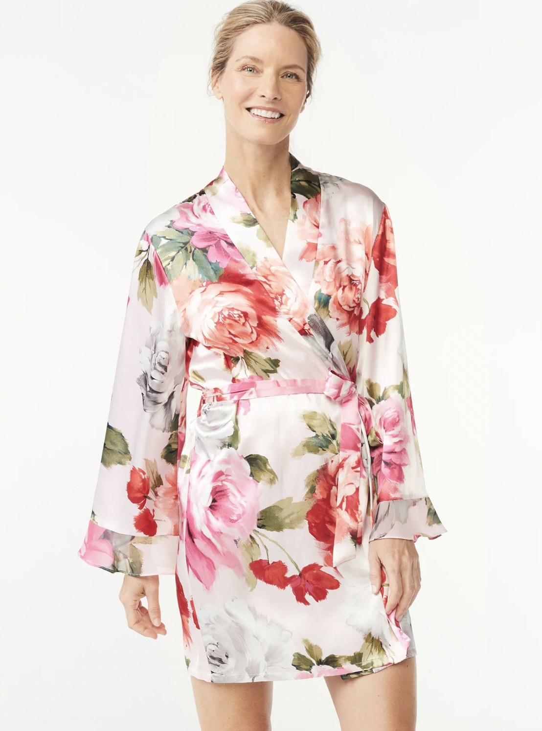 model in the shorts, long-sleeve floral robe