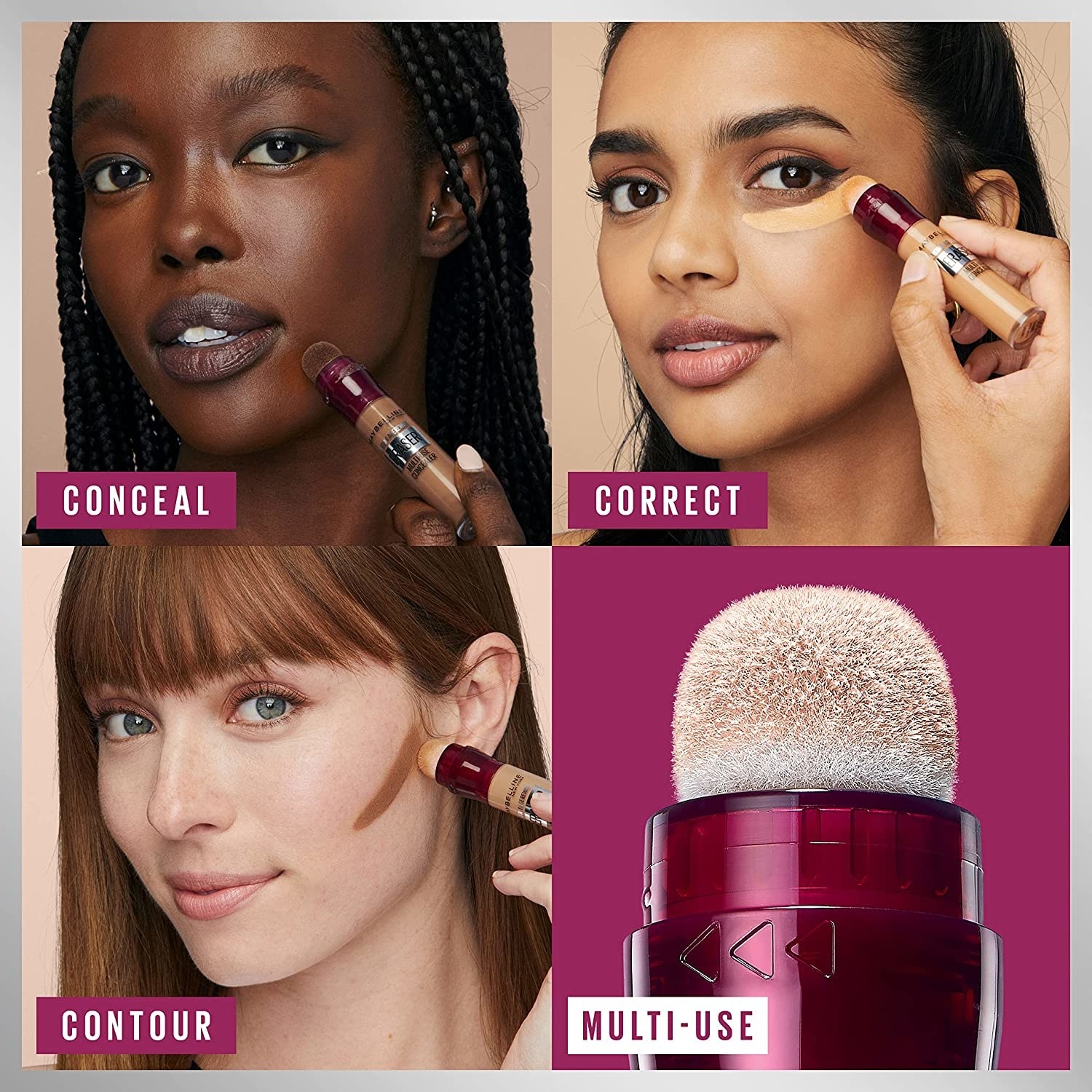 the concealer being used in three different ways